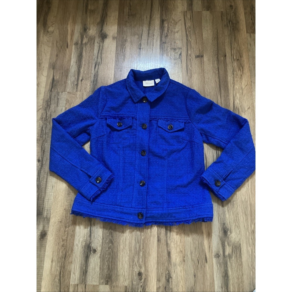 Chico's Royal Blue Blazer Jacket Size 0 Small Cobalt Frayed Edge Office Work